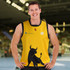 A yellow sports jersey featuring a black bull design and logos, worn by a smiling man.