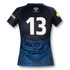 A black and navy women's performance rugby t-shirt featuring a patterned design and a number 13 on the back, with logos.