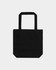A black tote bag with two handles and a simple design, featuring a logo on one side.