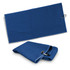 A blue waffle golf towel with a corner hook for easy attachment, displayed both flat and folded.