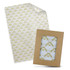 Tissue paper with a repeating house pattern, paired with a brown envelope, both in white and green hues.