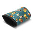 A neoprene cup sleeve in teal featuring various drink illustrations. It has a black trim and a branding logo.