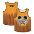 An orange tank top with vertical stripes, featuring a logo and a graphic of a star and pom-poms. It has a brand logo.