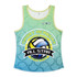 A women's active tank top in shades of green and blue, featuring a circular sport-themed design and a logo.