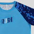 A light blue women's active T-shirt featuring a navy patterned sleeve and a logo on the front.