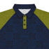 A custom men's active polo featuring a navy body with green patterned sleeves and a collar, complete with a logo.