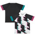 A custom women's active polo in black, white, and pink with a modern geometric design and logo.