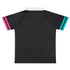 A black women's active polo shirt with pink and teal stripes on the sleeves and a white collar, featuring a logo.