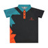 A black and teal youth active polo shirt with an orange collar and logo. Features a geometric design.