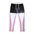 Custom women's active pants in black and white with purple and pink diagonal stripes, featuring a logo.