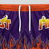 Custom women's active shorts in purple with orange accents, featuring a flame design and a drawstring waistband.