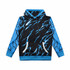 A custom men's active hoodie in black, featuring blue lightning designs and a hood with a front pocket.