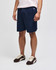 Navy cotton gym shorts displayed on a model, featuring an elastic waistband and a logo.