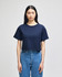 A cropped short sleeve t-shirt in navy blue with a relaxed fit, featuring a logo on the front.