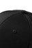 A black, six-panel cap features a ventilation hole at the crown and a simple design with a logo.