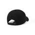 A black, six-panel cap featuring an adjustable strap at the back and a logo.
