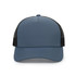A blue trucker cap with a solid front and black mesh sides, featuring a logo on the front.