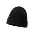 A black beanie with a ribbed texture, featuring a fold-up cuff and a small logo.