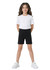 Black cotton spandex shorts for girls, featuring an elastic waistband and paired with a white t-shirt.