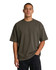 An olive green oversized T-shirt made from 100% organic cotton with a logo.