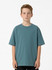 A boy wearing a faded teal T-shirt made from 100% organic cotton. The shirt features a simple design and loose fit.