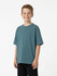 A kid's faded T-shirt in teal, made from 100% organic cotton, featured on a smiling boy. The shirt has a logo.