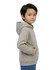 A grey juniors' hoodie with a kangaroo pocket and a hood, featuring a logo on the front.