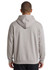 A grey men's hoodie featuring a kangaroo pocket and a hood at the back, with a logo on the garment.