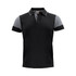 A black and grey polo shirt featuring a collar, short sleeves, and a logo on the chest.