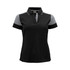 A women's black and grey polo shirt with short sleeves and a collar, featuring a logo.