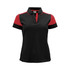 A women's polo shirt featuring a black body with red sleeves and a collar, designed with a logo.