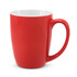 A red coffee mug with a glossy finish and a white interior.