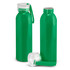 A drink bottle in bright green with a clear screw top and a matching green handle. Features a logo.