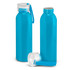 A drink bottle in bright blue, featuring a clear lid and a matching silicone strap. It has a branding logo.