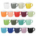 A collection of coffee mugs in various colours, including white, grey, yellow, orange, red, and blue, with contrasting interiors.