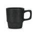 A stackable coffee mug in matte black with a textured band and a sturdy handle. It features a sleek design and a branding logo.
