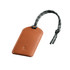 A brown leather luggage tag with a black and white braided strap, featuring a logo.