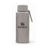 A drink bottle in a muted grey colour, featuring a stainless steel design and a logo.