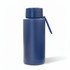 A drink bottle in a matte navy blue finish with a secure lid and a carry strap, featuring a logo.