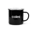 A black enamel mug with a silver rim and a branded logo. Simple, sturdy design with a handle.
