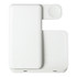 A white 3 in 1 wireless charger with a compact design and multiple charging surfaces, featuring a logo.