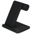 A black 3 in 1 wireless charger with a stand, featuring a sleek, modern design and a round wireless charging pad.