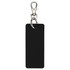 A black rectangle keychain with a metallic clip and ring, featuring a smooth finish and stitching details.