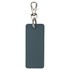 A rectangular keychain in a dark blue colour with a silver clip and ring attachment.