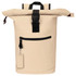 A beige roll-top backpack featuring a front zip pocket and a keychain attachment. It has a sturdy black strap.