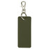 An olive green rectangle keychain with a silver clip and ring. Features a simplistic design.