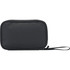 A black recycled tech pouch with a zip closure and a carrying strap, featuring a simple design.