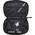 A black tech pouch featuring compartments for cables, earphones, a pen, and a USB connector, with a mesh pocket.