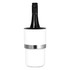 A drink bottle in a white insulated cooler with a silver band, holding a wine bottle. Features a branding logo.