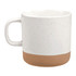 A ceramic coffee mug in white with a speckled finish and a terracotta base, featuring a handle and a logo.